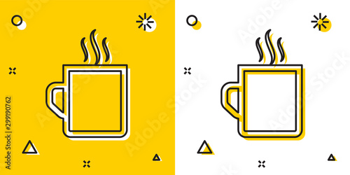 Black Coffee cup flat icon isolated on yellow and white background. Tea cup. Hot drink coffee. Random dynamic shapes. Vector Illustration