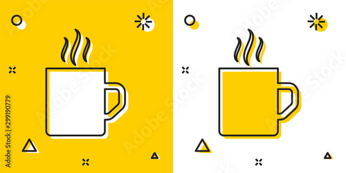 Black Coffee cup flat icon isolated on yellow and white background. Tea cup. Hot drink coffee. Random dynamic shapes. Vector Illustration