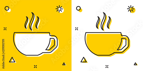 Black Coffee cup flat icon isolated on yellow and white background. Tea cup. Hot drink coffee. Random dynamic shapes. Vector Illustration