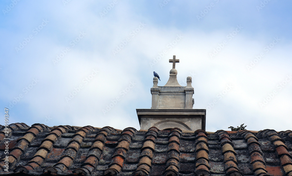 Naklejka premium Pidgeon on top of a building resting. Cross in a tower in Greece.