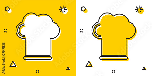 Black Chef hat icon isolated on yellow and white background. Cooking symbol. Cooks hat. Random dynamic shapes. Vector Illustration