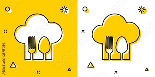Black Chef hat with fork and spoon icon isolated on yellow and white background. Cooking symbol. Restaurant menu. Cooks hat. Random dynamic shapes. Vector Illustration