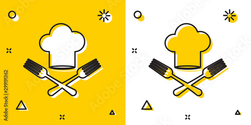 Black Chef hat and crossed fork icon isolated on yellow and white background. Cooking symbol. Restaurant menu. Cooks hat. Random dynamic shapes. Vector Illustration