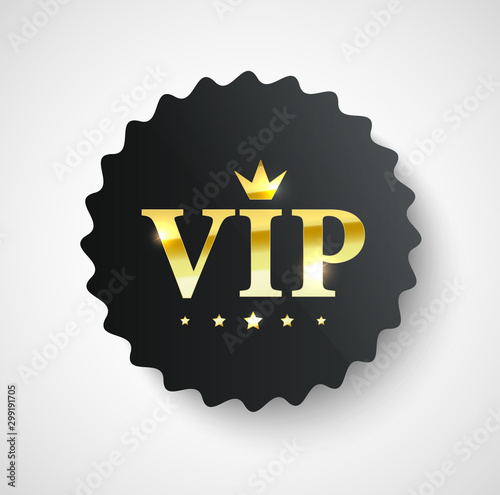 Vip label, badge or tag. Vector black banner with gold vip text. Vector illustration