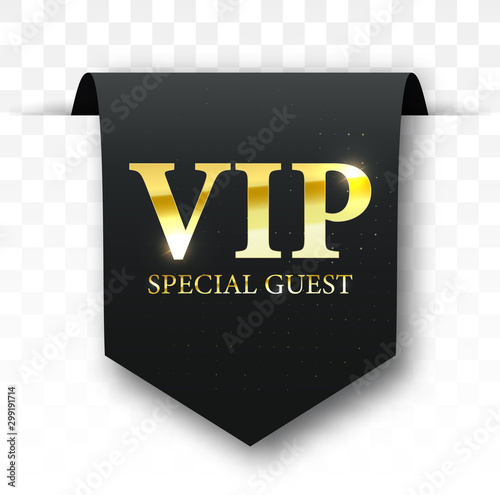 Vip label, badge or tag. Vector black banner with gold vip text. Vector illustration