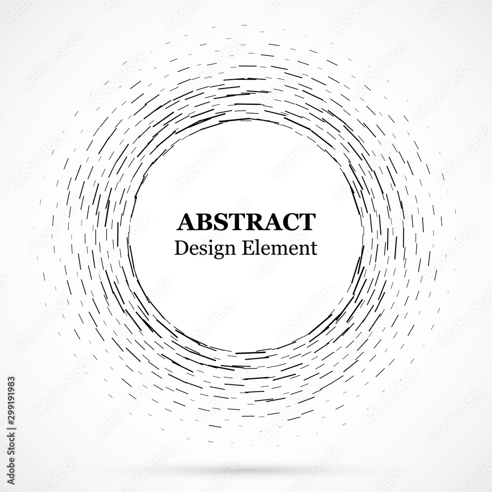 Circular lines.Set of spiral lines.Assymetric radial elements.Linear drawing.Vector illustration pattern.Monochrome concentric background.