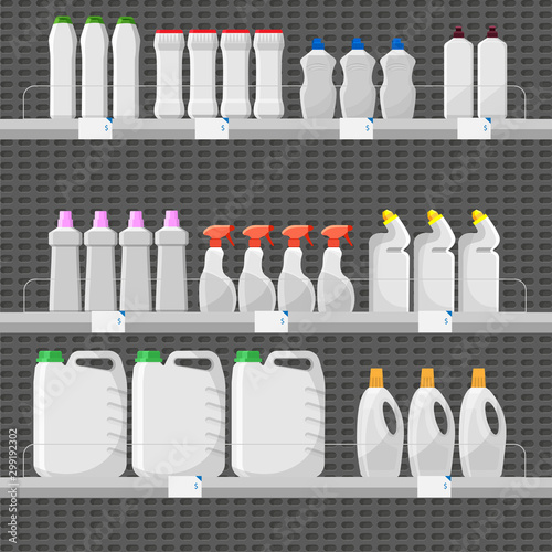 Shop counter or stall with detergents and cleaning supplies. Set of white detergent bottles or containers, washing powder icon. Mock up and templates of cleaners.