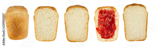 Set of White wheat bread slices with strawberry jam isolated on white.