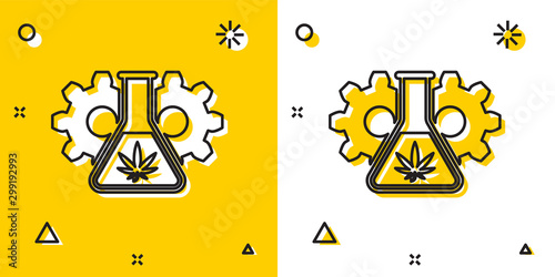Black Chemical test tube with marijuana or cannabis leaf icon isolated on yellow and white background. Research concept. Laboratory CBD oil concept. Random dynamic shapes. Vector Illustration
