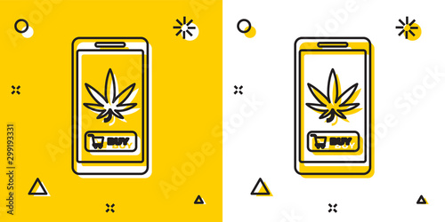 Black Mobile phone and medical marijuana or cannabis leaf icon isolated on yellow and white background. Online buying symbol. Supermarket basket. Random dynamic shapes. Vector Illustration