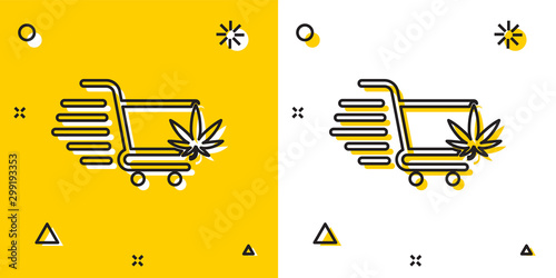 Black Shopping cart with marijuana or cannabis leaf icon isolated on yellow and white background. Online buying. Delivery service. Supermarket basket. Random dynamic shapes. Vector Illustration