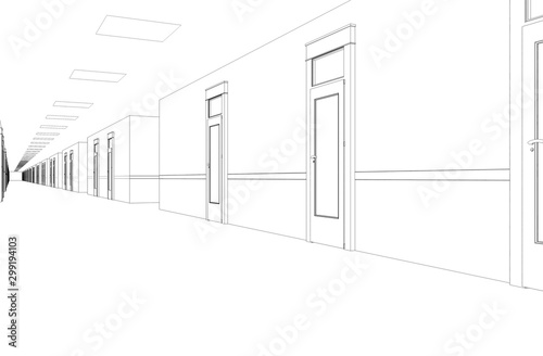 long corridor with doors, contour visualization, 3D illustration, sketch, outline