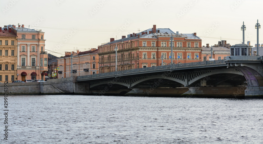 Panorama of Promenade des Anglais with the Annunciation bridge. The bridge over the Neva in the city of St. Petersburg. The historical center of the city.