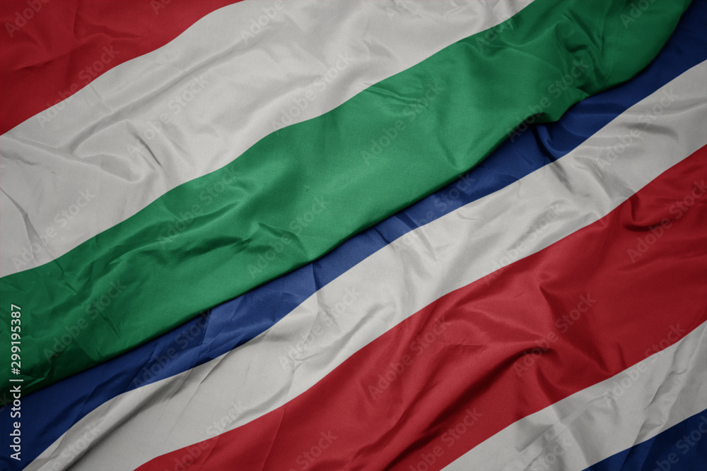 waving colorful flag of costa rica and national flag of hungary.