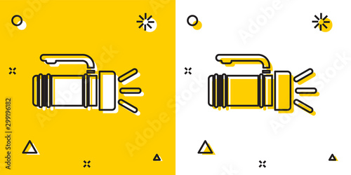Black Flashlight icon isolated on yellow and white background. Tourist flashlight handle. Random dynamic shapes. Vector Illustration