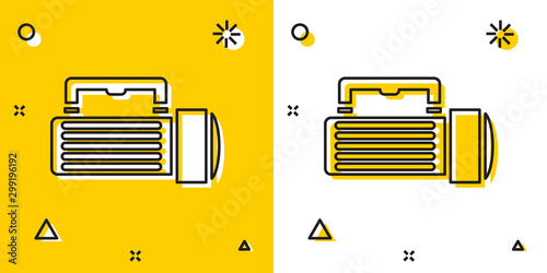 Black Flashlight icon isolated on yellow and white background. Tourist flashlight handle. Random dynamic shapes. Vector Illustration