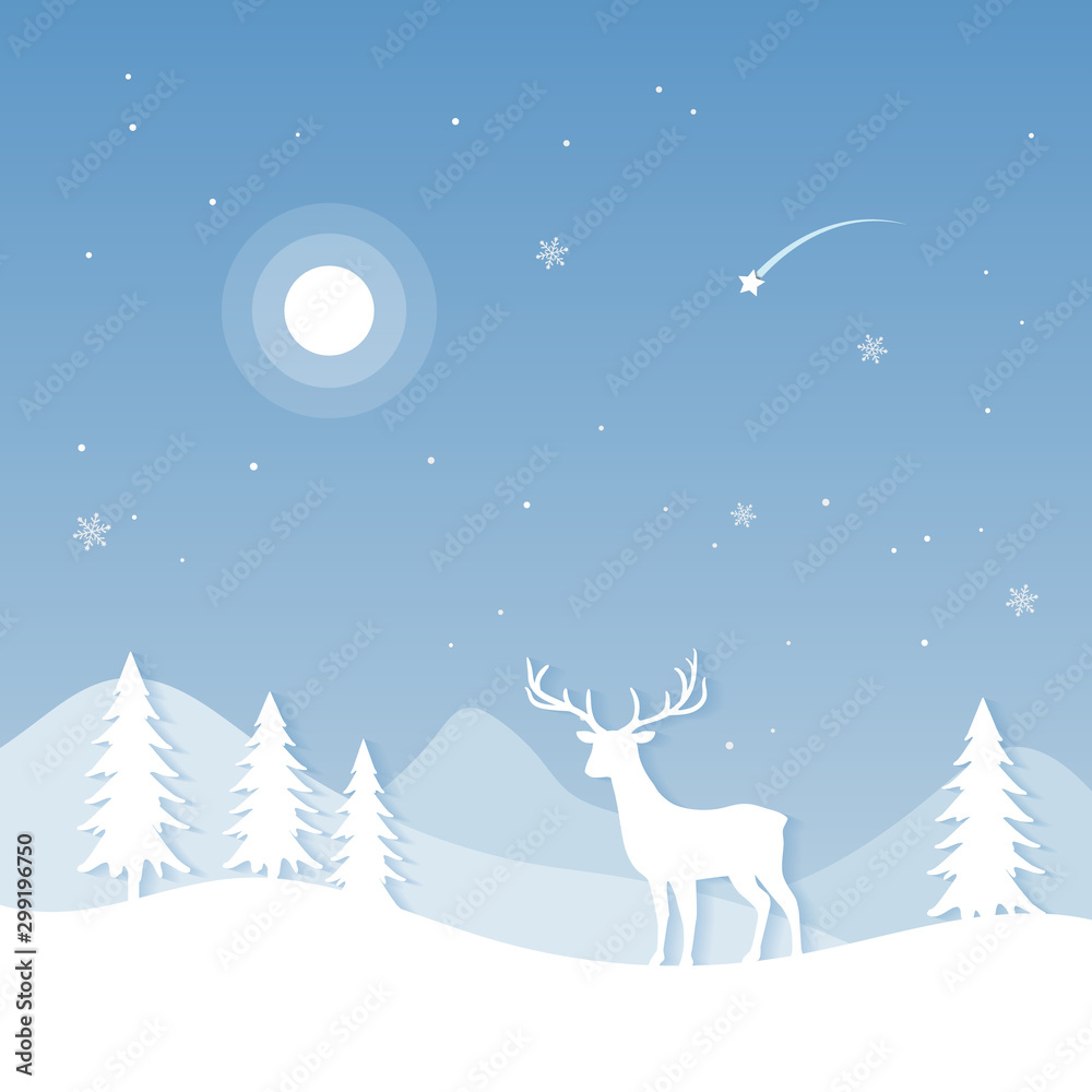 Christmas greeting card with reindeer on light blue background
