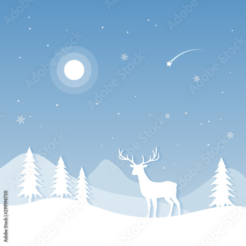 Christmas greeting card with reindeer on light blue background
