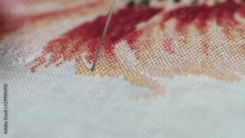 Woman hands doing cross-stitch of red flower. A close up of embroidery. photo