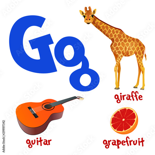 Vector cute kids cartoon alphabet. Letter G with teddy giraffee, guitar and grapefruit.