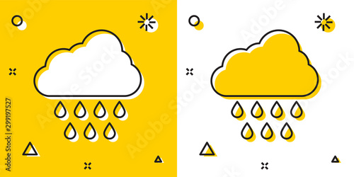 Black Cloud with rain icon isolated on yellow and white background. Rain cloud precipitation with rain drops. Random dynamic shapes. Vector Illustration