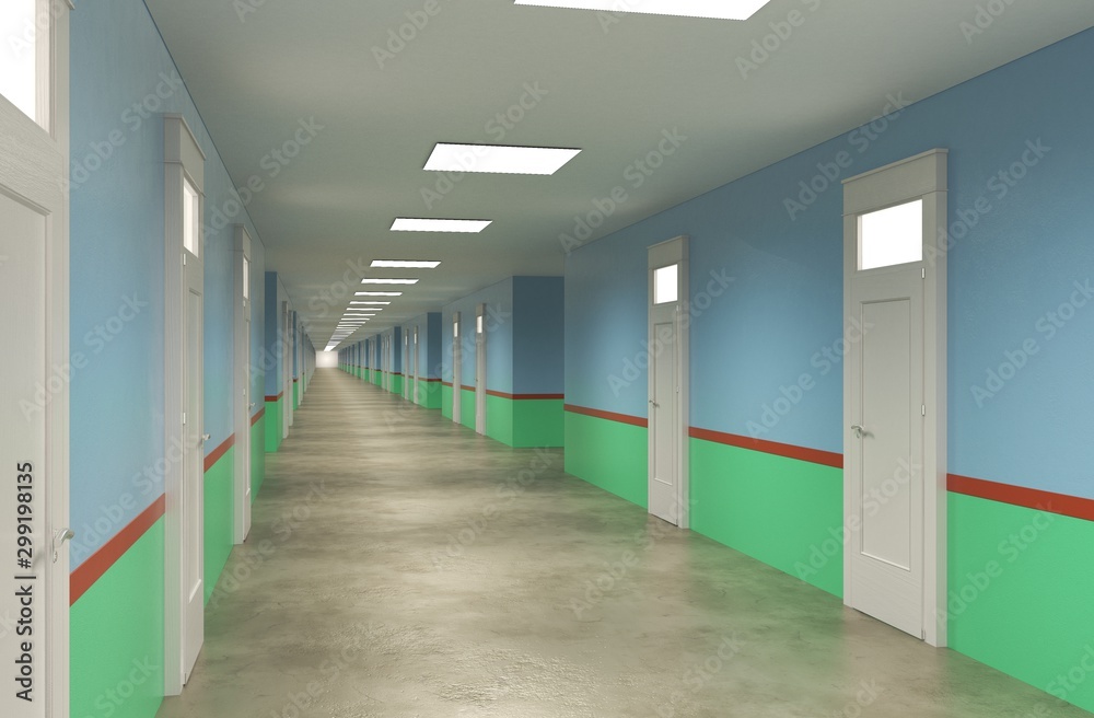Obraz premium long corridor with doors, interior visualization, 3D illustration