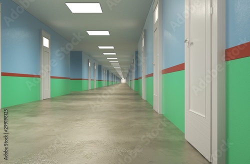 long corridor with doors  interior visualization  3D illustration