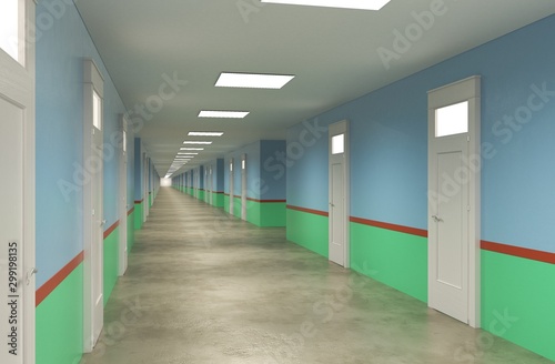 long corridor with doors  interior visualization  3D illustration