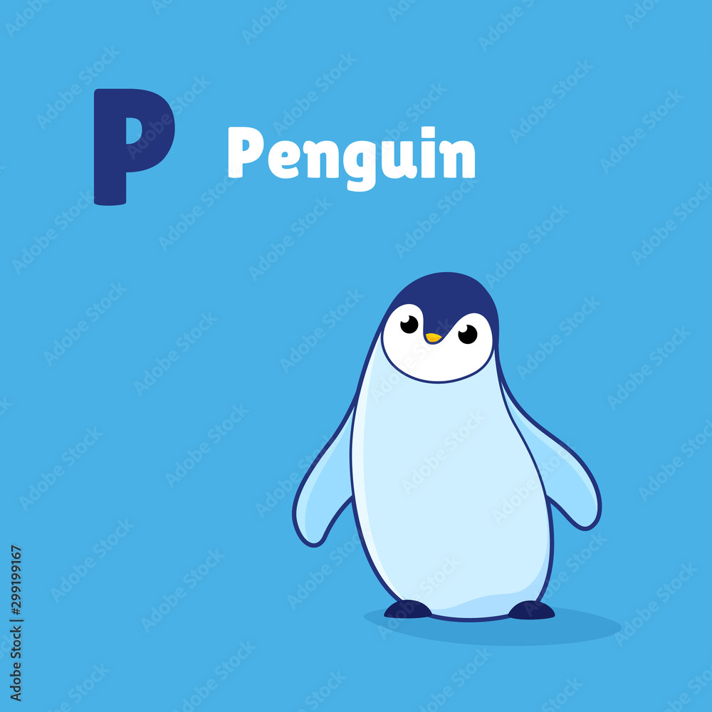 Obraz premium Cartoon penguin, cute character for children. Vector illustration in cartoon style for abc book, poster, postcard. Animal alphabet - letter P.