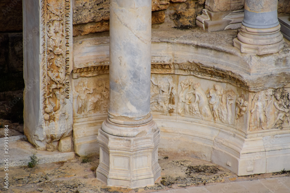 Bas-reliefs of antique scenes on the gables of the amphitheater in Hierapolis, Turkey. Bas-reliefs of antique scenes on the gables of the amphitheater in Hierapolis, Turkey.
