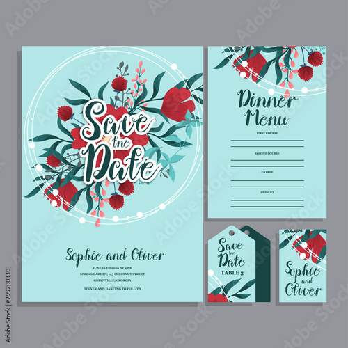 Set of card with red and mint flower - wedding ornament concept.