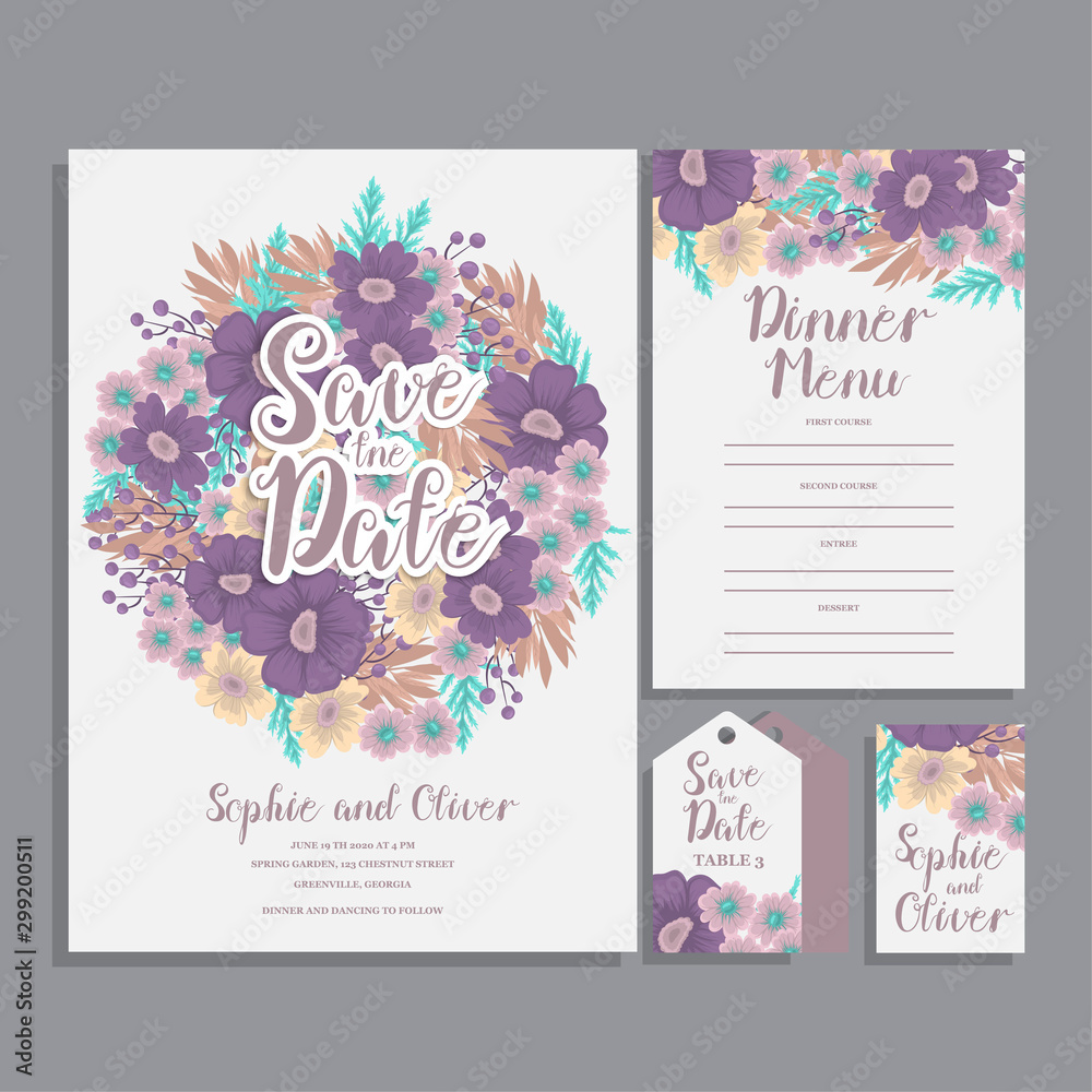 Set of card with purple flower - wedding ornament concept.