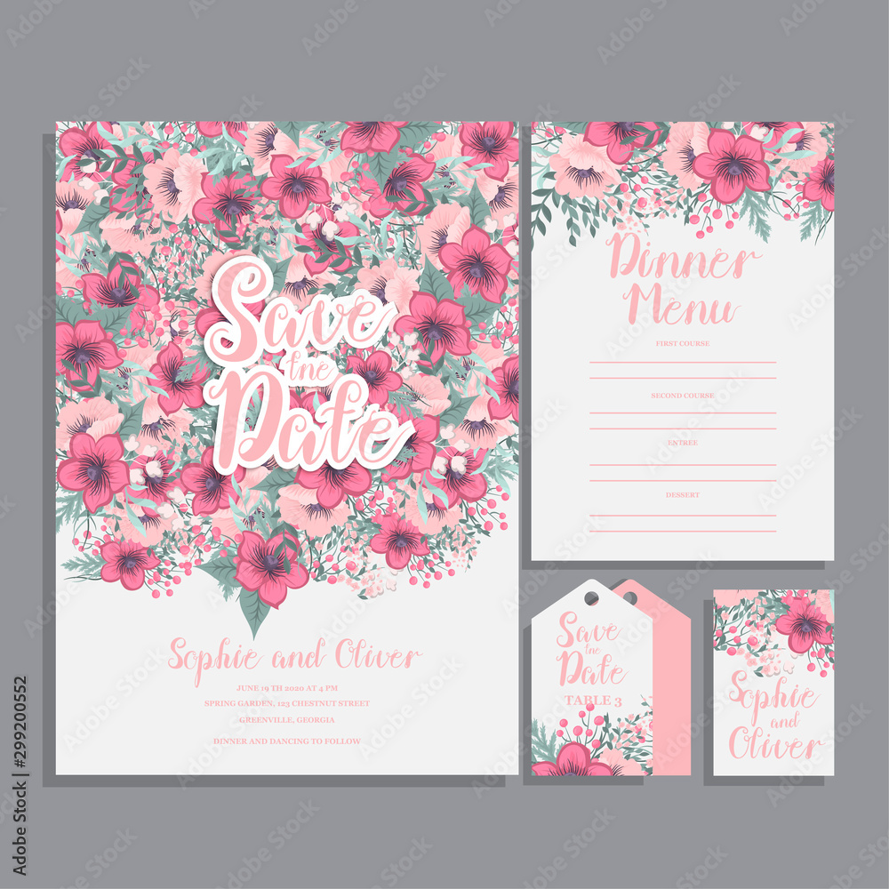 Set of card with pink flower - wedding ornament concept.