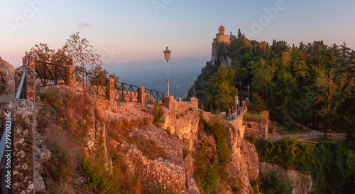 Panorama of De La Fratta or Cesta, Second Tower on Mount Titano, in city of San Marino of Republic of San Marino during gold hour at sunset