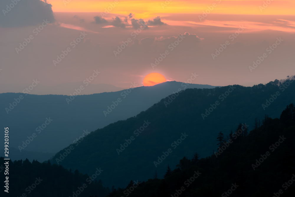 Scenic drive from Cowee Mountain Overlook on Blue Ridge Parkway at sunset time. Scenic drive from Cowee Mountain Overlook on Blue Ridge Parkway at sunset time.
