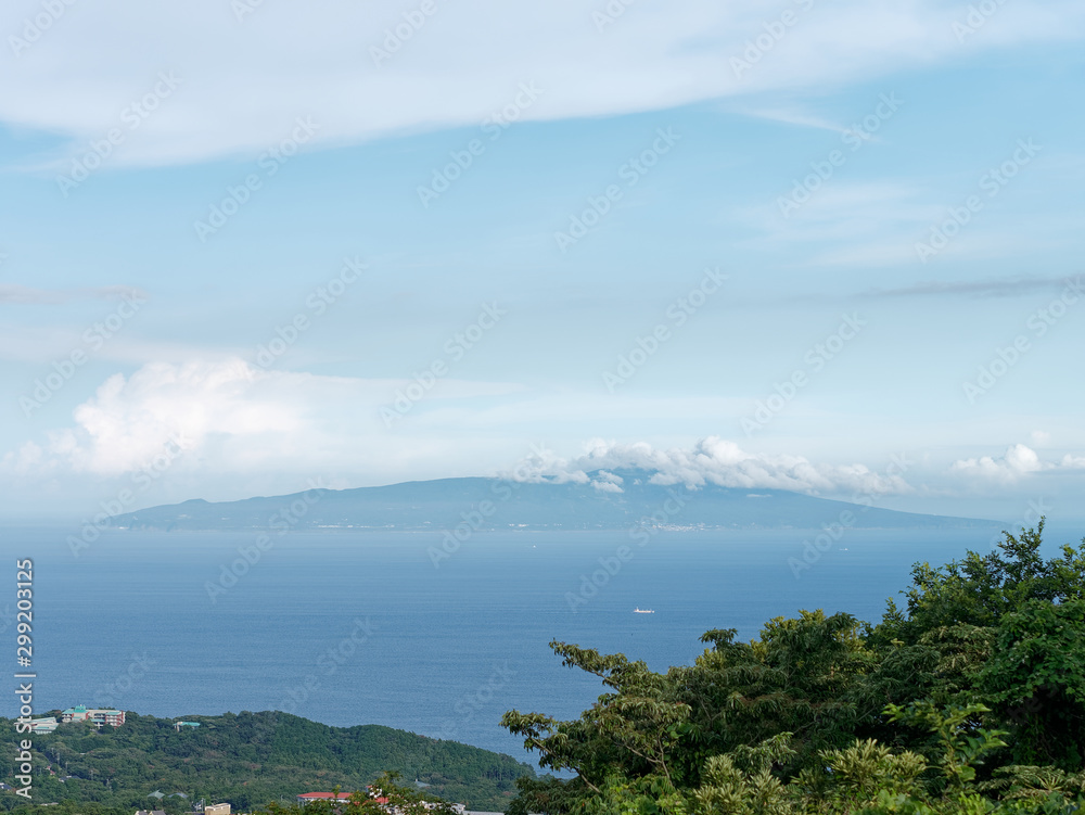 Volcanic island in the sea. View of the Izu Ōshima seen from the Izu Peninsula.