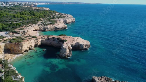 Aerial view of the coastline near the Albandeira beach, in Algarve, Portugal