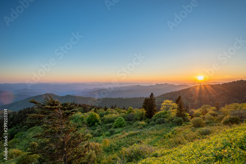 Photography View of sunset from Cowee Mountain Overlook on Blue Ridge Parkway in summer