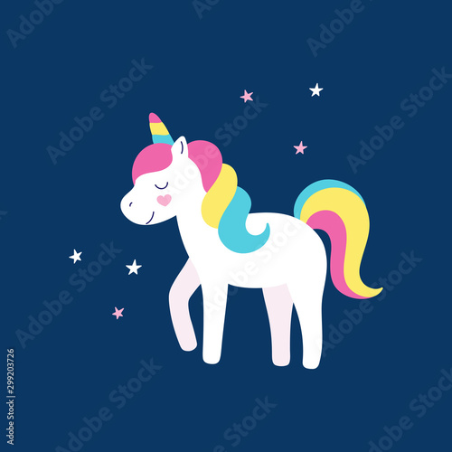 Cute rainbow unicorn poster, magic star, little horse, print for t-shirt design. Vector illustration for children.