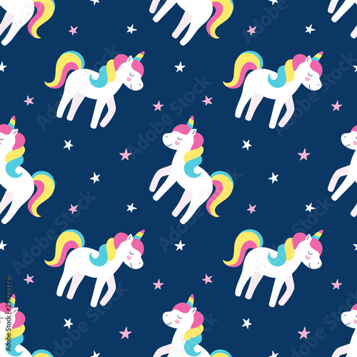 Seamless cute pattern, rainbow unicorn, little horse, magic star, design for print, packaging, fabric, wallpaper. Vector illustration for children.