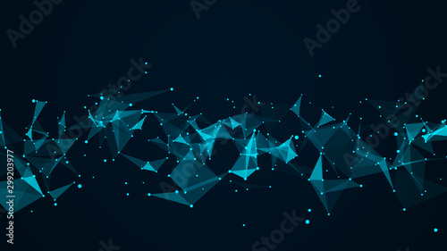 Abstract digital blue background. Space filled with polygons and dots. 3D wave. photo