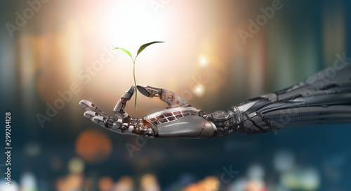 Robot arm holding green sprout in fingers, ecology green energy concept, 3d render