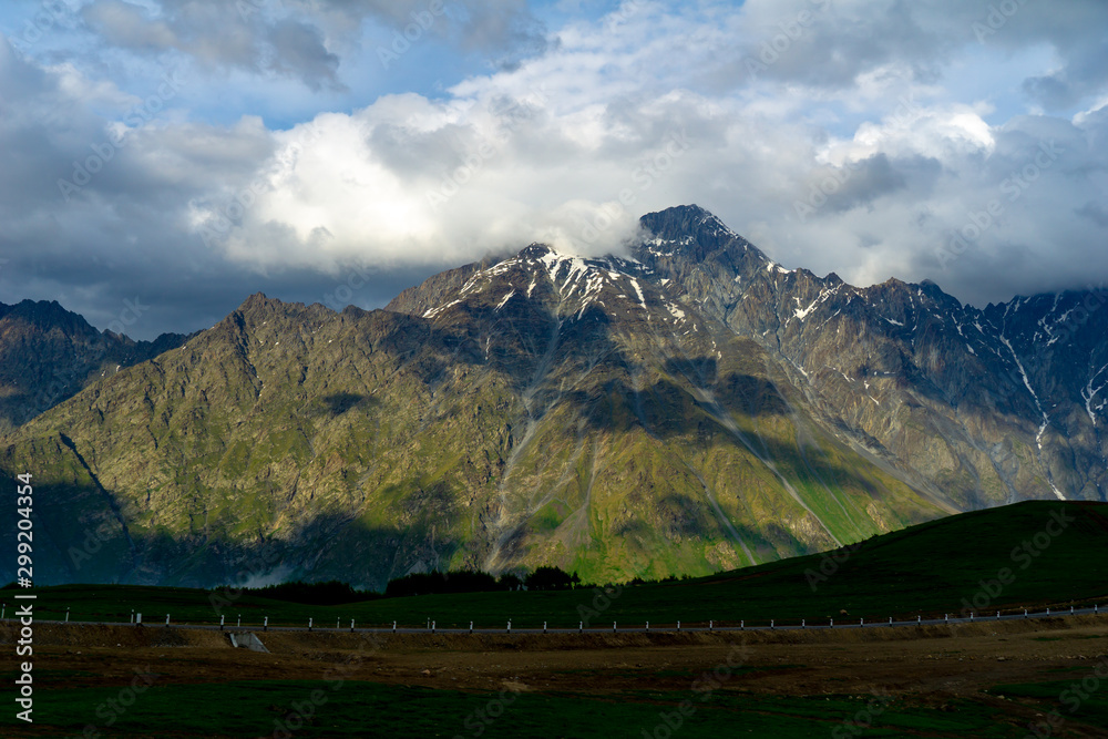 Snow mountain in Kazbegi, Georgia. Panoramic image