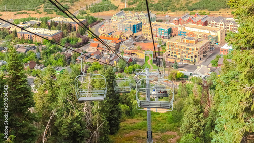 Fototapeta Naklejka Na Ścianę i Meble -  Panorama frame Park City ski resort in Utah during off season with view of empty chairlifts