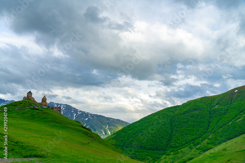 Beautiful mountain landscape. The Caucasus mountains in Georgia country. The point view near the village Kazbegi. Nature background with copy space