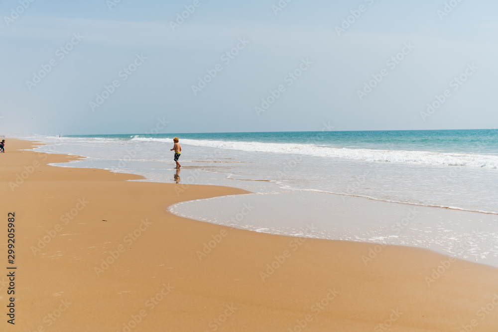 a deserted beach, the ocean rolls its waters and one person stands at the water's edge