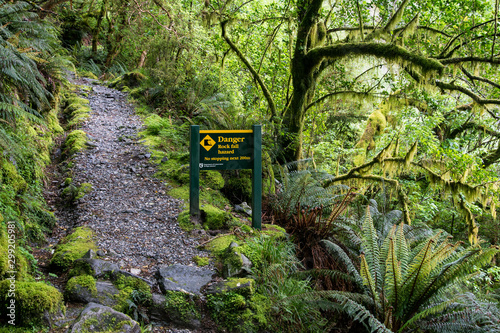 Sign along the Milford Track in Fiordland National Park, New Zealand, warning hikers to be aware of the danger of falling rocks.  photo