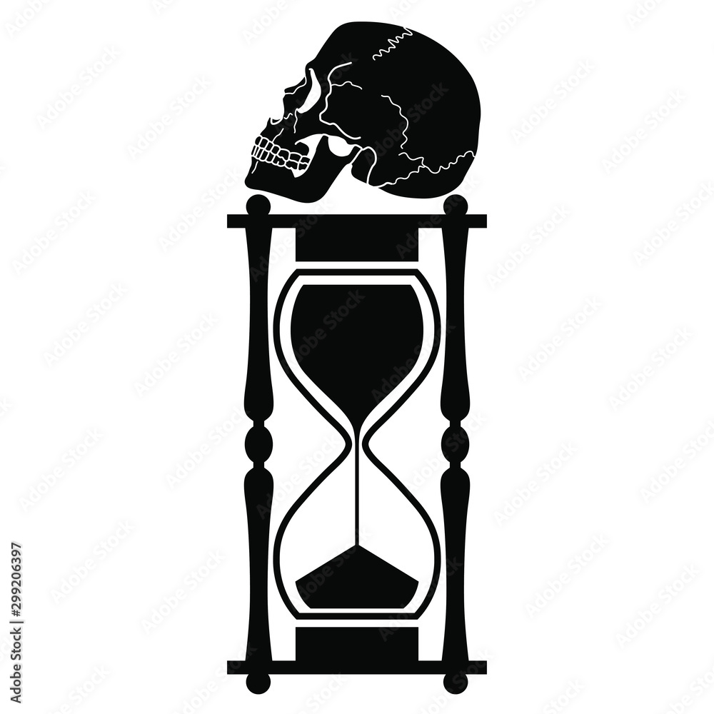 Vecteur Stock Isolated vector illustration. Hourglass with human skull on  top. Memento mori concept. Metaphor for brevity of human life (Vita  brevis). Black and white silhouette. | Adobe Stock