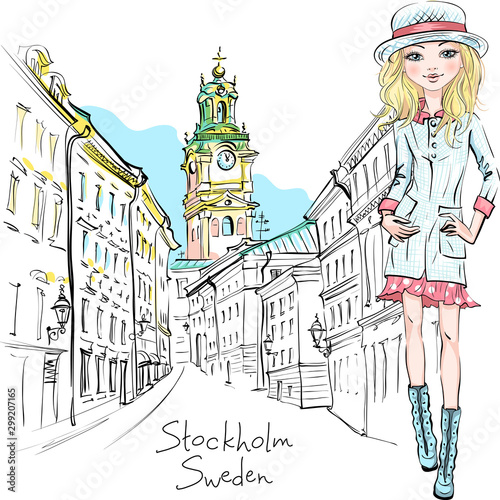 Vector beautiful fashion girl in autumn clothes, hat and boots, jacket and skirt in Gamla Stan, Old Town of Stockholm, the capital of Sweden