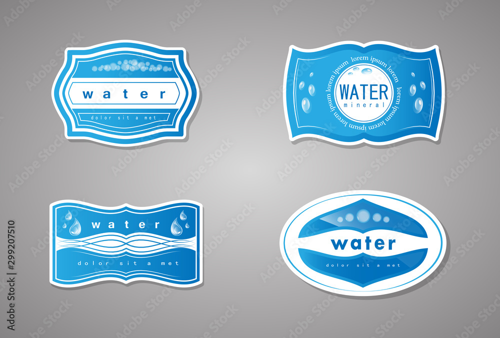 Mineral Water Label And Logo Sticker. Vector Set Isolated On Gray  Background. Collection Of Clear Water Drop Icon. Flat Aqua Logo, Drink Logo  And Bottle Label Design. Drinking Water Label Stock Vector